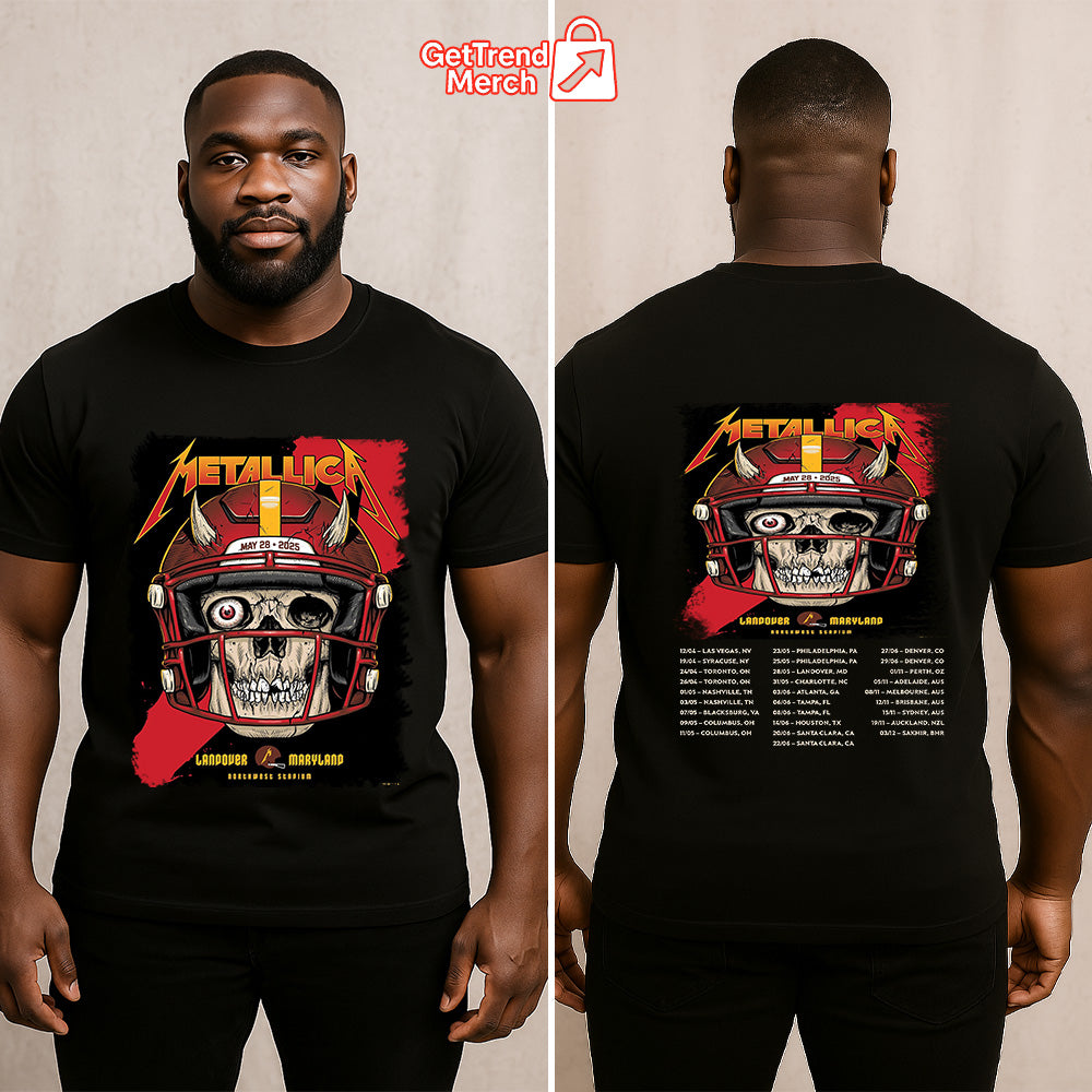 Metallica Concert Tour M72 World Tour May 28, 2025 Landover, MD Northwest Stadium Skull Football Helmet Official Band T-Shirt

