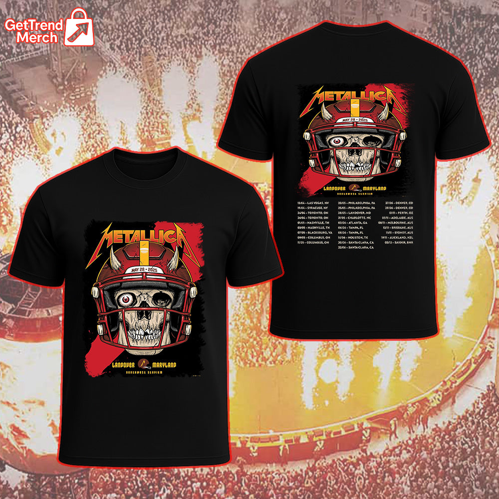 Metallica Concert Tour M72 World Tour May 28, 2025 Landover, MD Northwest Stadium Skull Football Helmet Official Band T-Shirt

