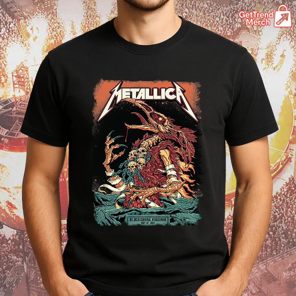 Metallica Concert Tour M72 World Tour May 7, 2025 Blacksburg, VA Firebeast Skullchain Official Band T-Shirt - Get Trend Merch
