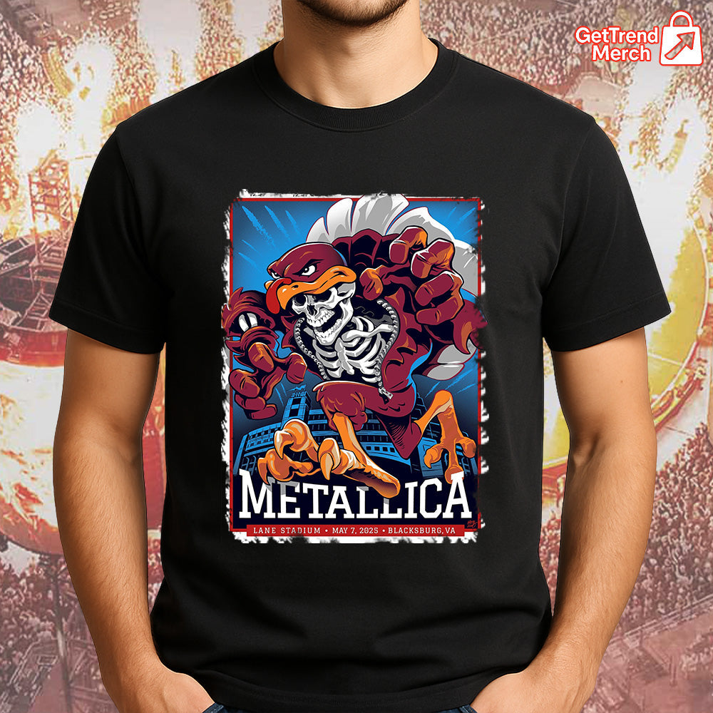 Metallica Concert Tour M72 World Tour May 7, 2025 Blacksburg, VA Lane Stadium Hokie Reaper Official Band T-Shirt