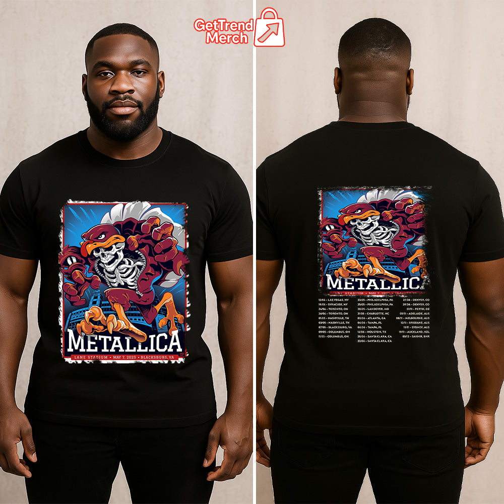 Metallica Concert Tour M72 World Tour May 7, 2025 Blacksburg, VA Lane Stadium Hokie Reaper Official Band T-Shirt - Get Trend Merch