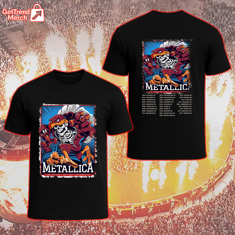 Metallica Concert Tour M72 World Tour May 7, 2025 Blacksburg, VA Lane Stadium Hokie Reaper Official Band T-Shirt