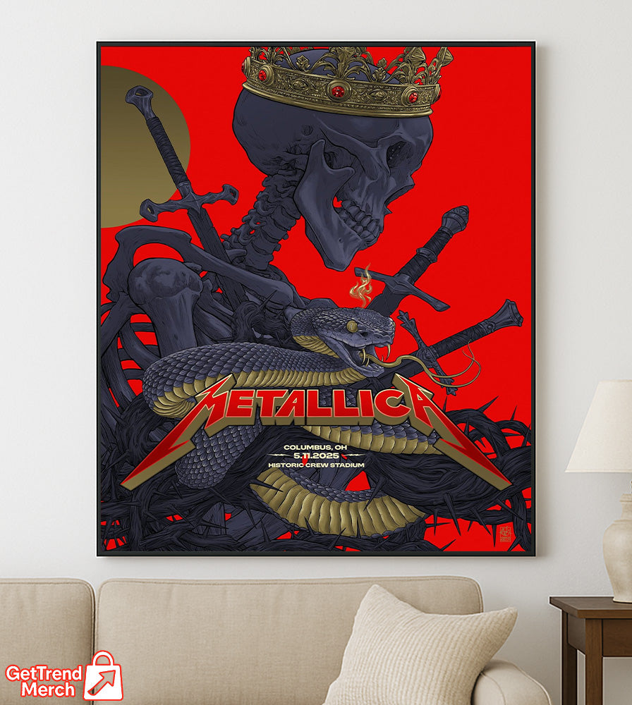 Metallica M72 Tour 2025 Columbus OH Poster – Skeleton Snake Crown Art Print, May 11 Historic Crew Stadium Concert