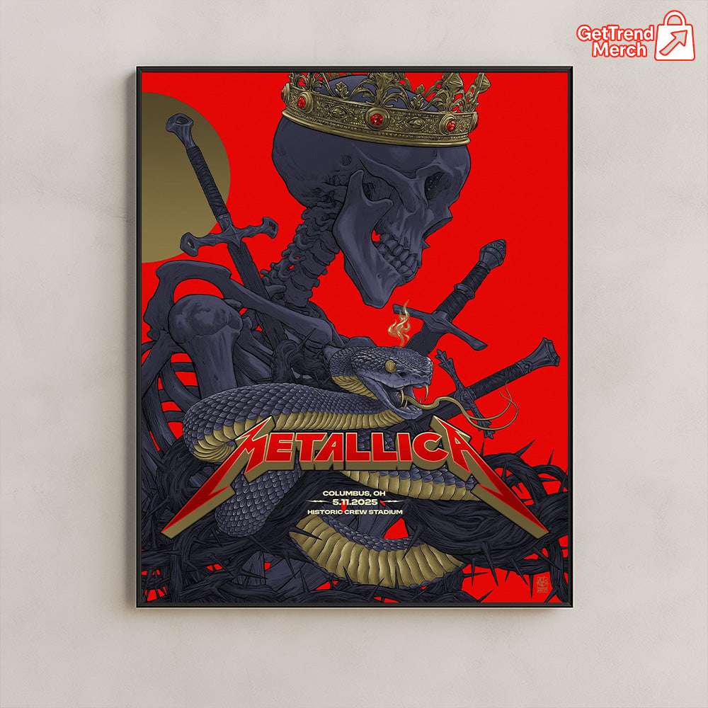 Metallica M72 Tour 2025 Columbus OH Poster – Skeleton Snake Crown Art Print, May 11 Historic Crew Stadium Concert