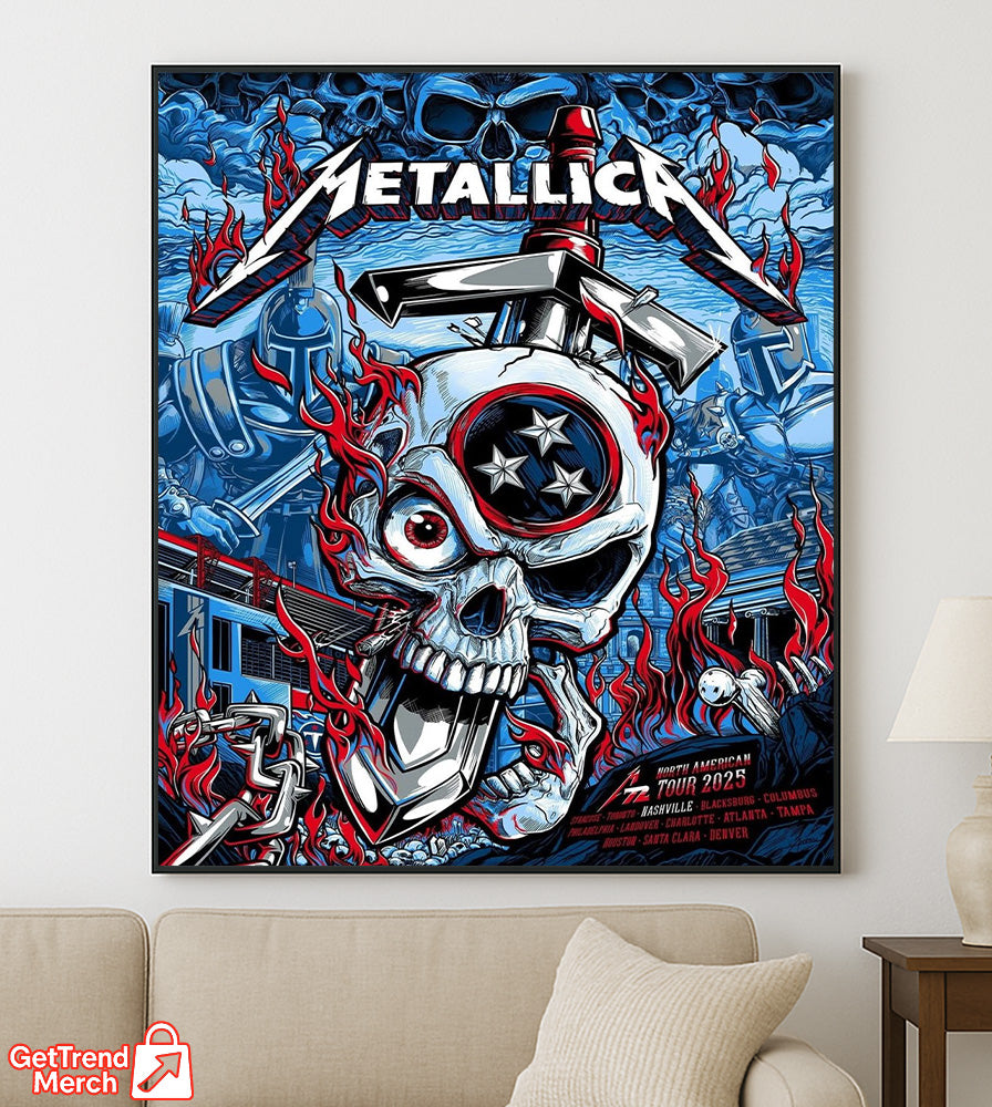 Metallica M72 Tour 2025 Nashville Poster – Skull & Hammer Artwork Concert Print, Tennessee Show Tribute