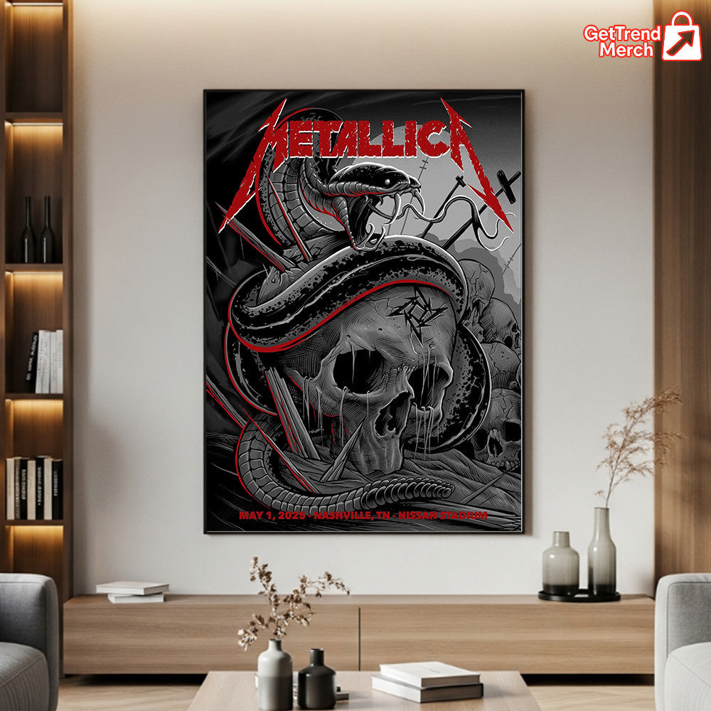 Metallica M72 Tour 2025 Nashville Poster – Snake & Skull Artwork Concert Print, May 1 Nissan Stadium Show