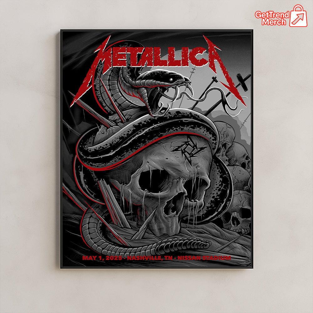 Metallica M72 Tour 2025 Nashville Poster – Snake & Skull Artwork Concert Print, May 1 Nissan Stadium Show