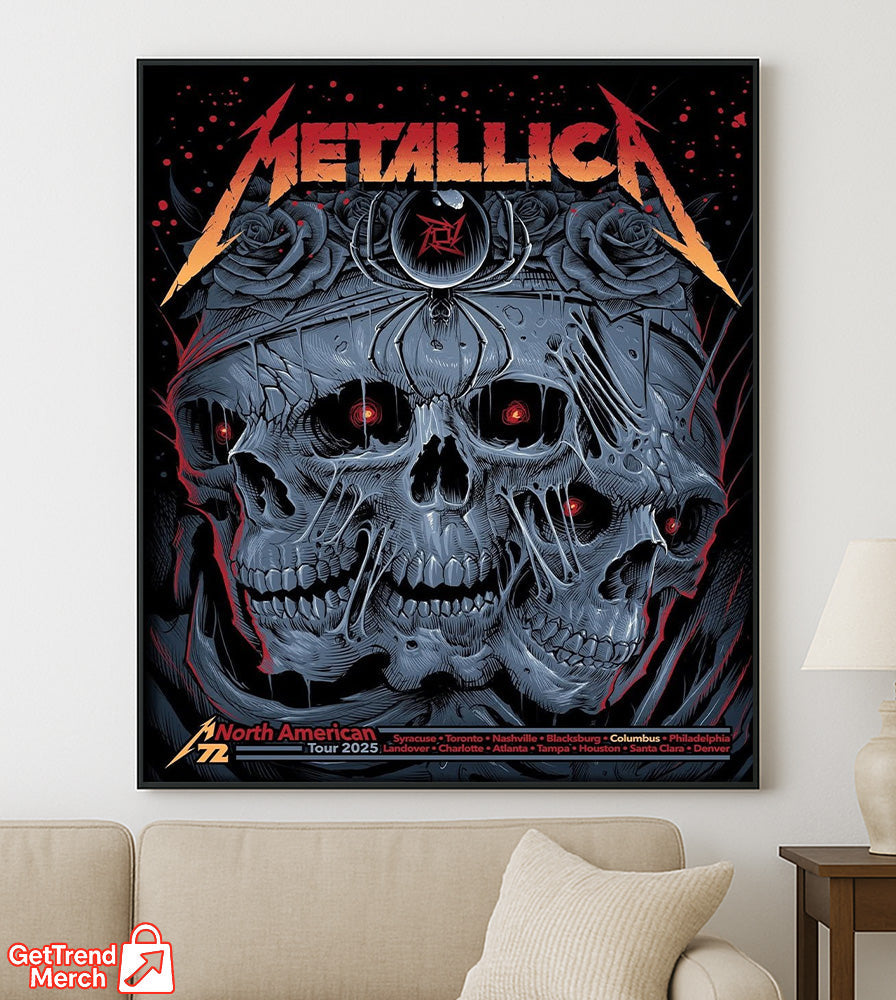 Metallica M72 Tour 2025 North America Skull Spider Poster – 3 Skulls & Black Widow Art Print Featuring All Cities