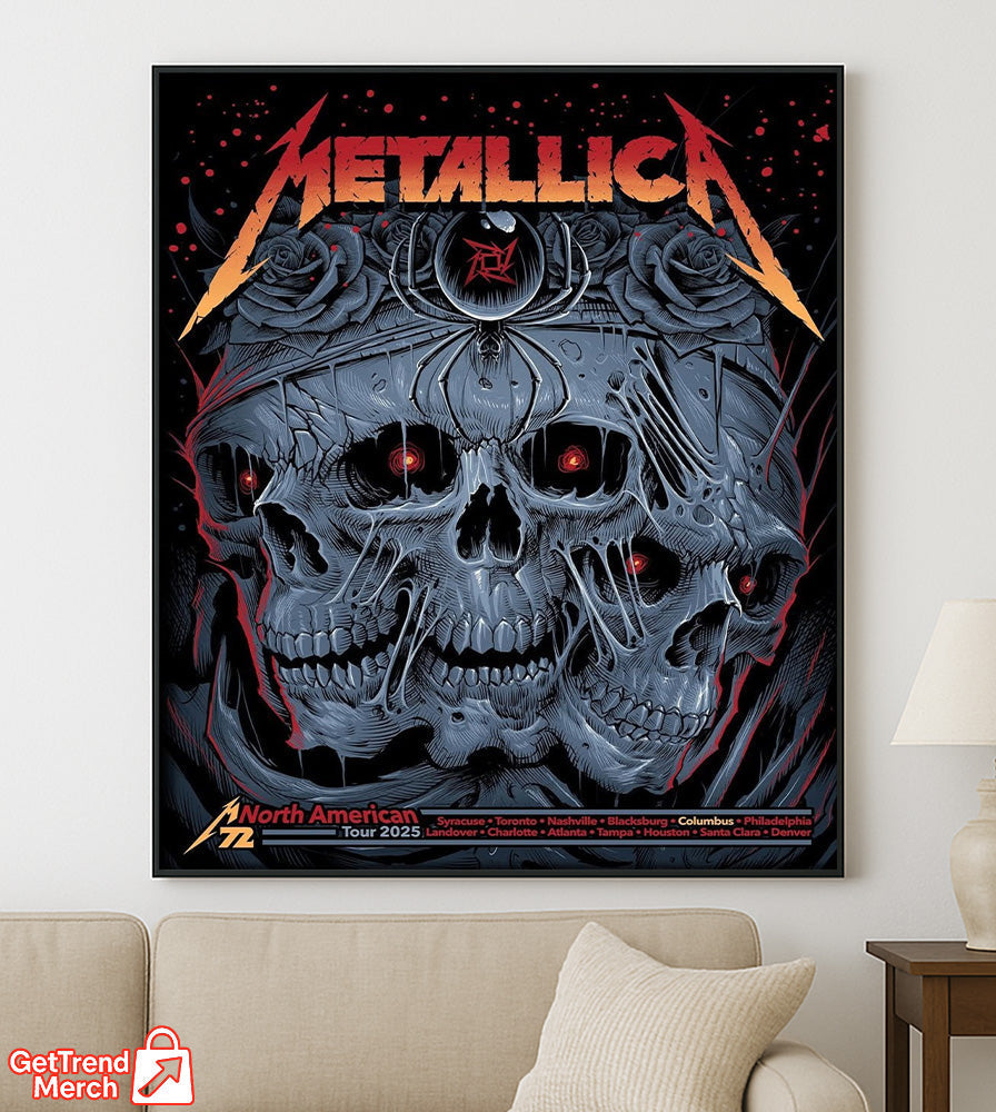 Metallica M72 Tour 2025 North America Skull Spider Poster – 3 Skulls & Black Widow Art Print Featuring All Cities - Get Trend Merch