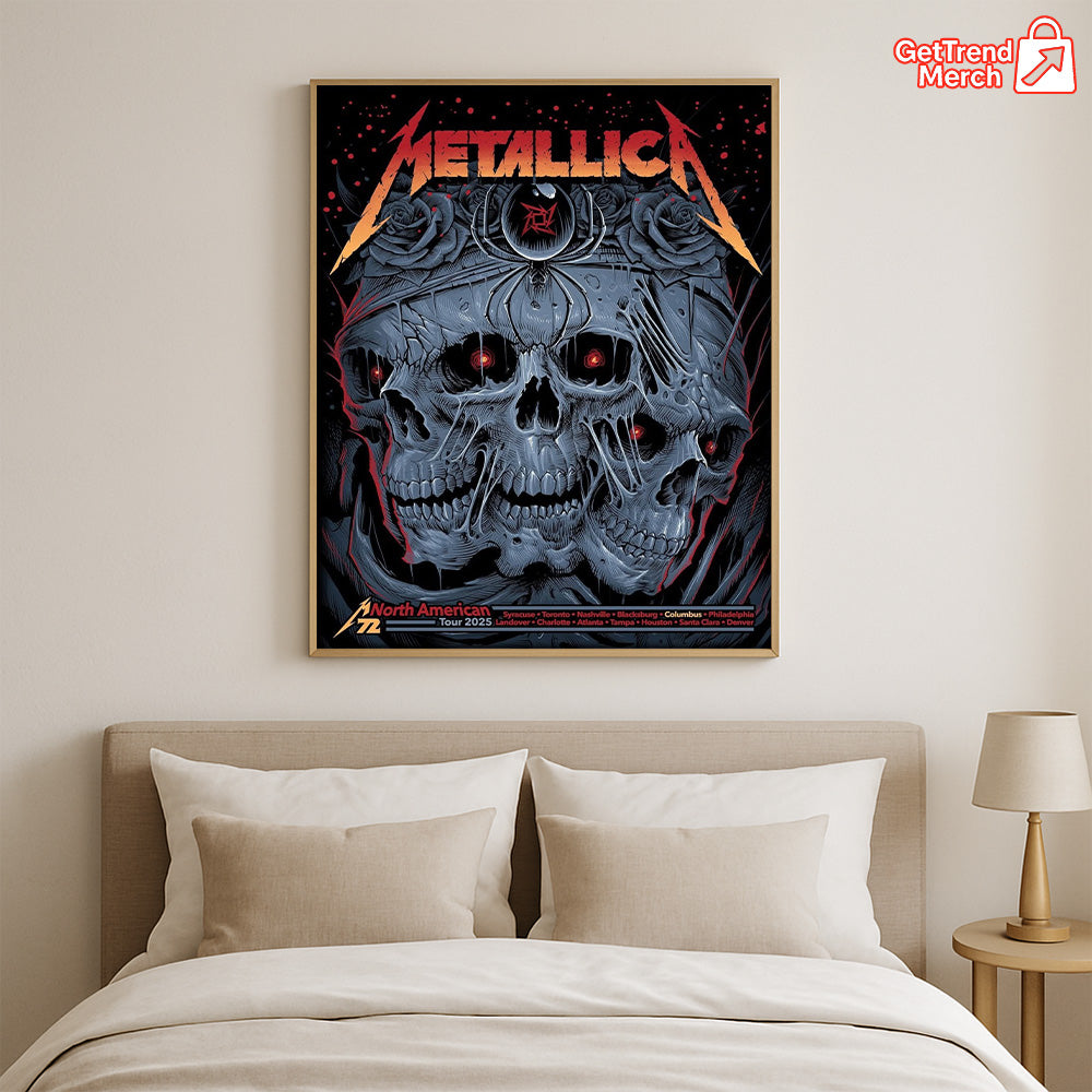 Metallica M72 Tour 2025 North America Skull Spider Poster – 3 Skulls & Black Widow Art Print Featuring All Cities