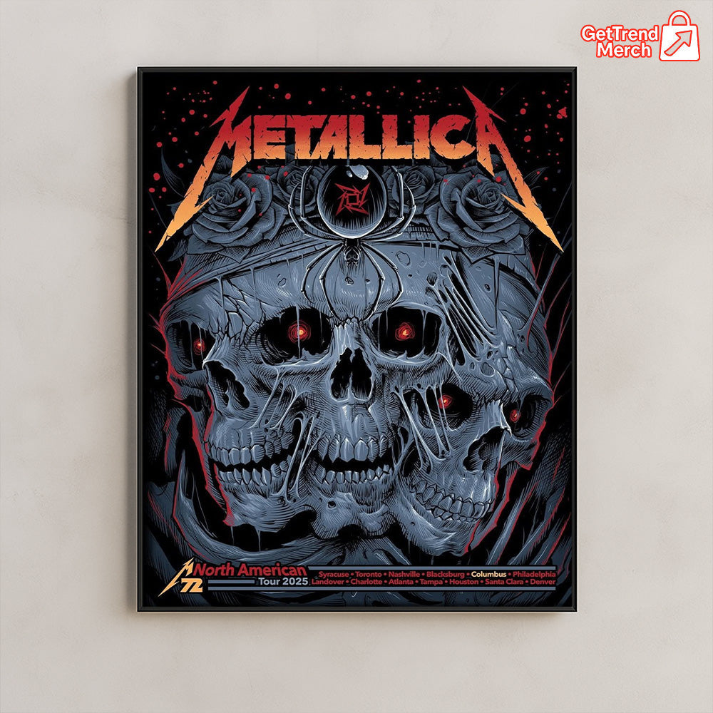 Metallica M72 Tour 2025 North America Skull Spider Poster – 3 Skulls & Black Widow Art Print Featuring All Cities