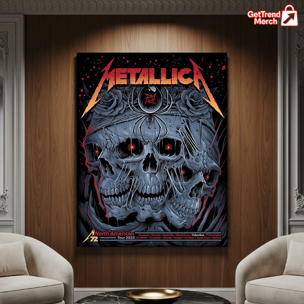Metallica M72 Tour 2025 North America Skull Spider Poster – 3 Skulls & Black Widow Art Print Featuring All Cities