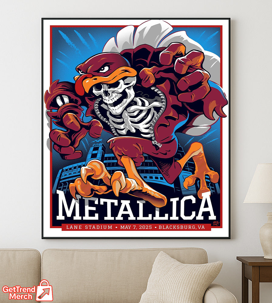 Metallica M72 Tour May 7 2025 Blacksburg Poster – Hokie Skeleton Mascot Concert Print, Lane Stadium Show - Get Trend Merch