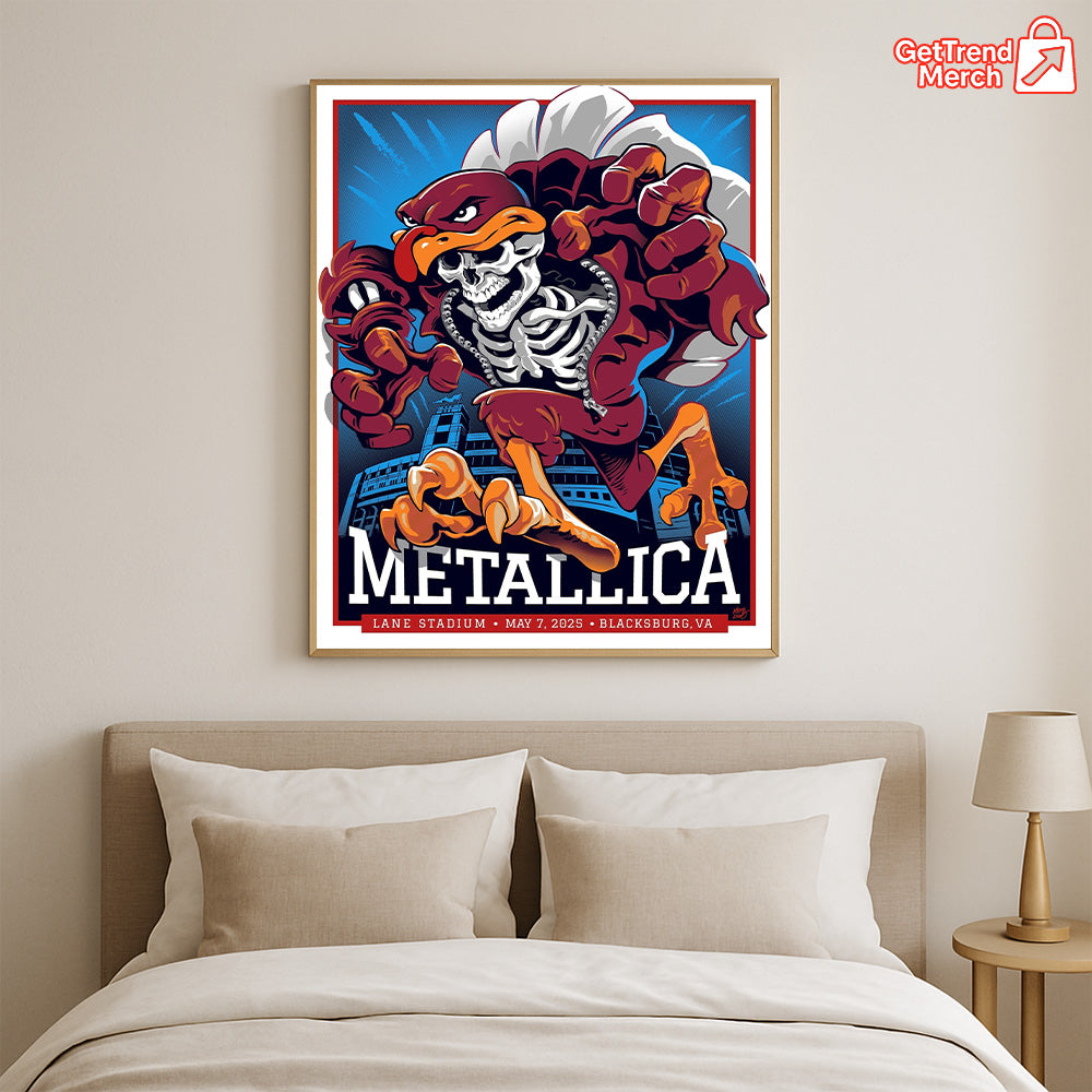 Metallica M72 Tour May 7 2025 Blacksburg Poster – Hokie Skeleton Mascot Concert Print, Lane Stadium Show