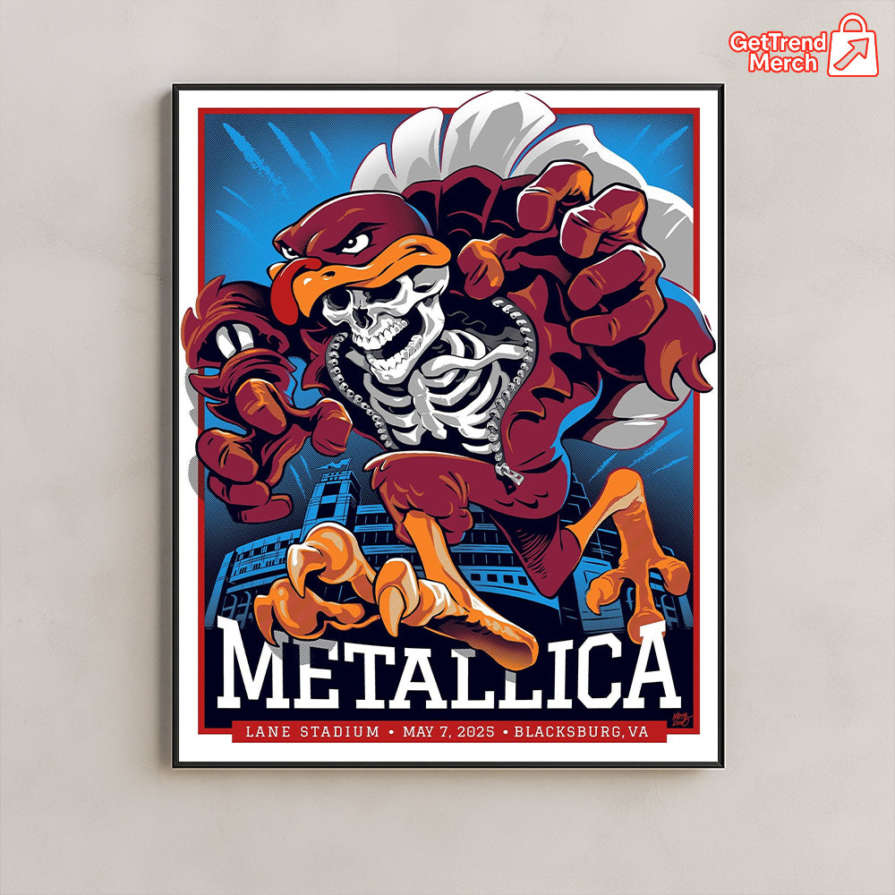 Metallica M72 Tour May 7 2025 Blacksburg Poster – Hokie Skeleton Mascot Concert Print, Lane Stadium Show