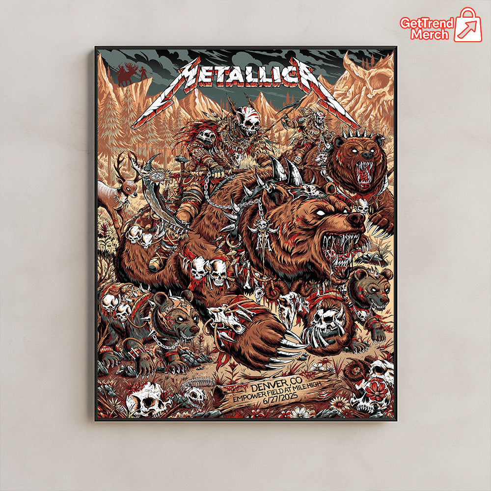 Metallica M72 World Tour – June 27, 2025 – Denver, CO – Empower Field at Mile High – Grizzly Bear War Setlist Poster Canvas Wall Art