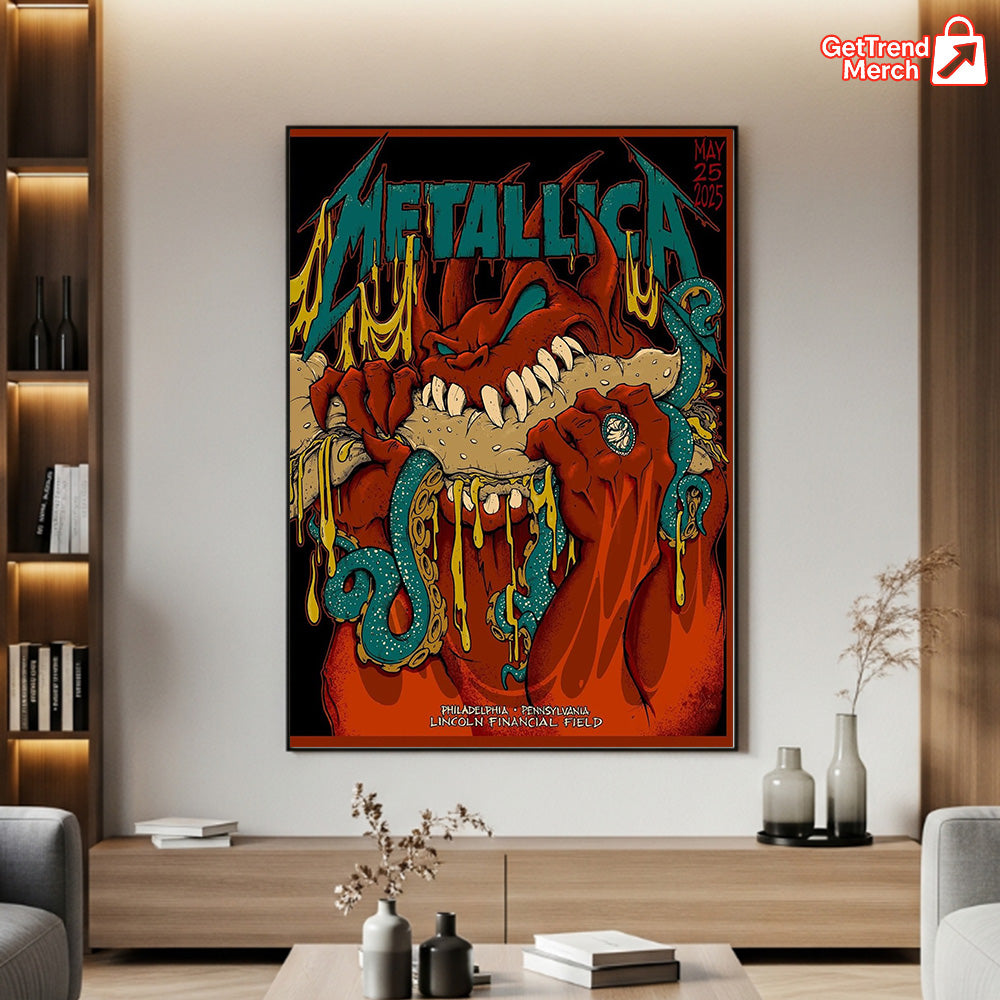 Metallica M72 World Tour May 25, 2025 Philadelphia, PA Lincoln Financial Field – Devil Hot Dog Monster Poster Canvas Wall Art - Get Trend Merch