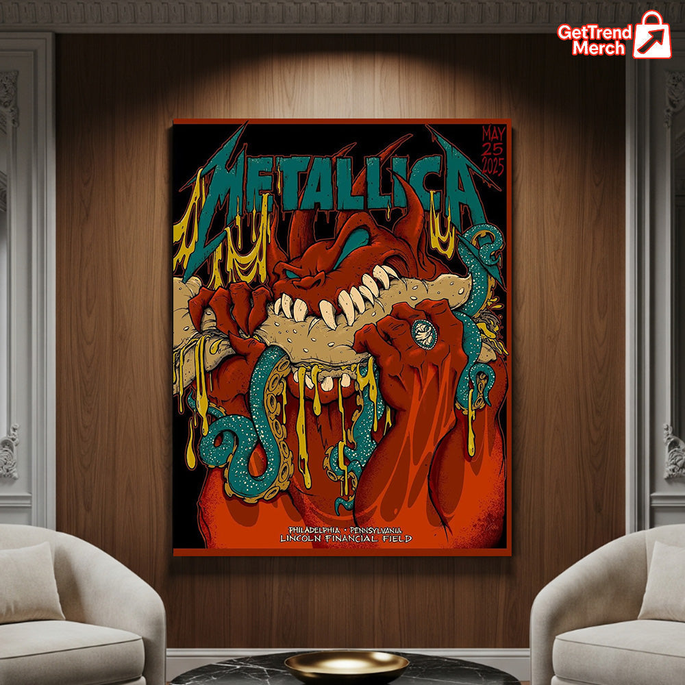 Metallica M72 World Tour May 25, 2025 Philadelphia, PA Lincoln Financial Field – Devil Hot Dog Monster Poster Canvas Wall Art - Get Trend Merch