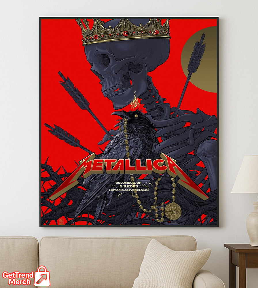 Metallica M72 World Tour May 9, 2025 Columbus, OH Historic Crew Stadium – Crowned Skull Raven Poster Canvas Wall Art - Get Trend Merch