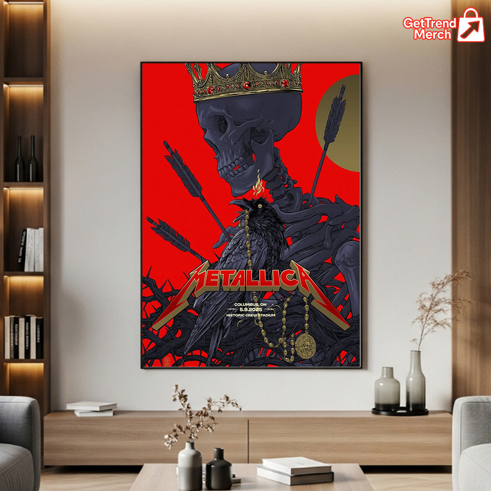 Metallica M72 World Tour May 9, 2025 Columbus, OH Historic Crew Stadium – Crowned Skull Raven Poster Canvas Wall Art - Get Trend Merch