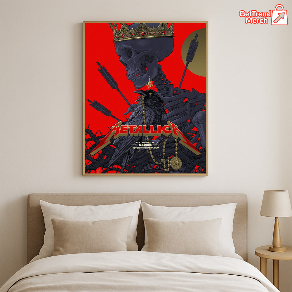 Metallica M72 World Tour May 9, 2025 Columbus, OH Historic Crew Stadium – Crowned Skull Raven Poster Canvas Wall Art - Get Trend Merch