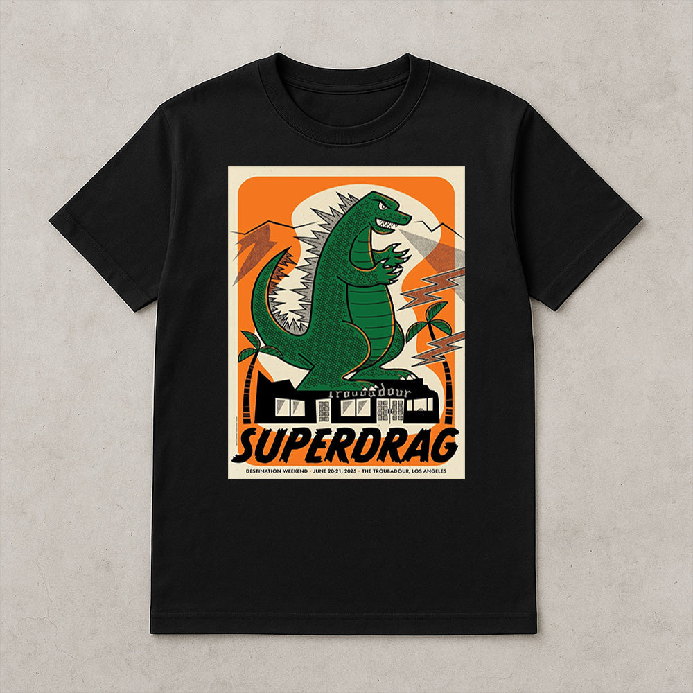 Superdrag Destination Weekend T-Shirt – The Troubadour LA 2025 Godzilla Print by Daykamp, Limited Edition Concert Tee for Fans
